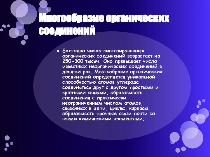 Многообразие органических соединений Ежегодно число синтезированных органических соединений возрастает на 250-300