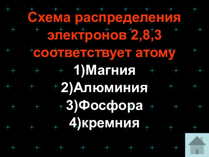 Схема распределения электронов 2,8,3 соответствует атому 1)Магния 2)Алюминия 3)Фосфора 4)кремния