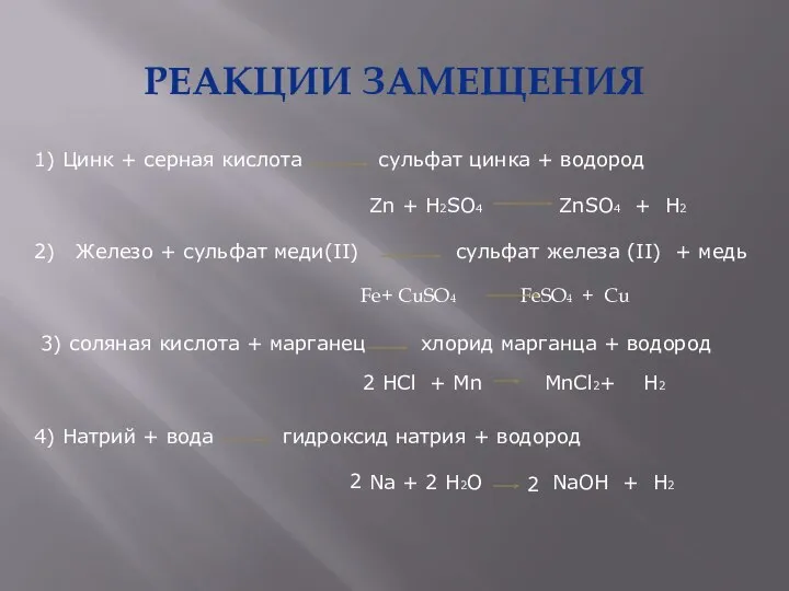 РЕАКЦИИ ЗАМЕЩЕНИЯ 1) Цинк + серная кислота сульфат цинка + водород