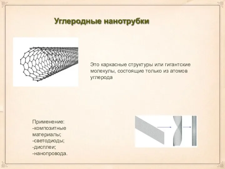 Углеродные нанотрубки Применение: -композитные материалы; -светодиоды; -дисплеи; -нанопровода. Это каркасные структуры