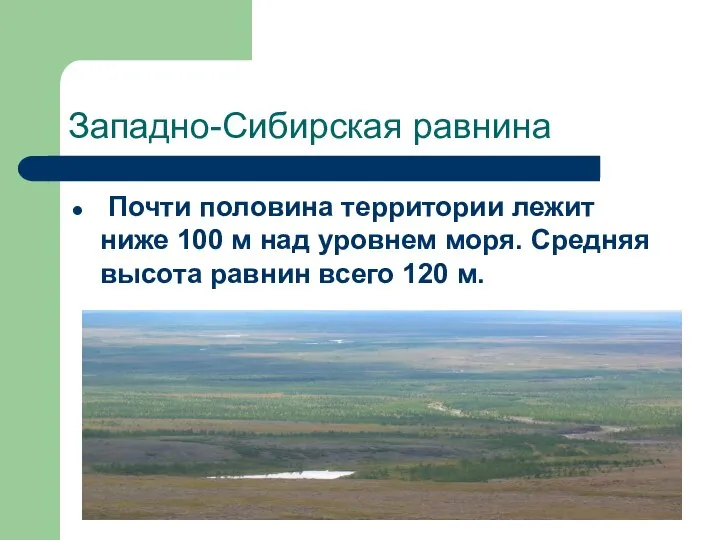 Западно-Сибирская равнина Почти половина территории лежит ниже 100 м над уровнем