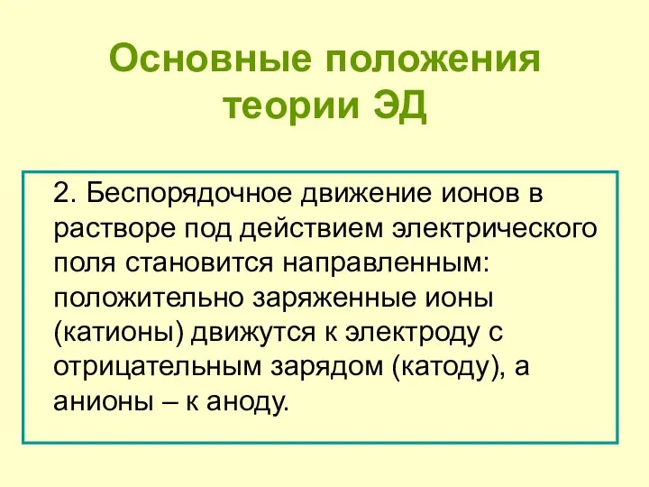 Основные положения теории ЭД 2. Беспорядочное движение ионов в растворе под