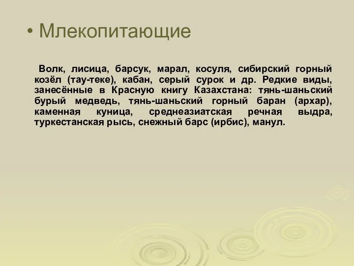 Млекопитающие Волк, лисица, барсук, марал, косуля, сибирский горный козёл (тау-теке), кабан,