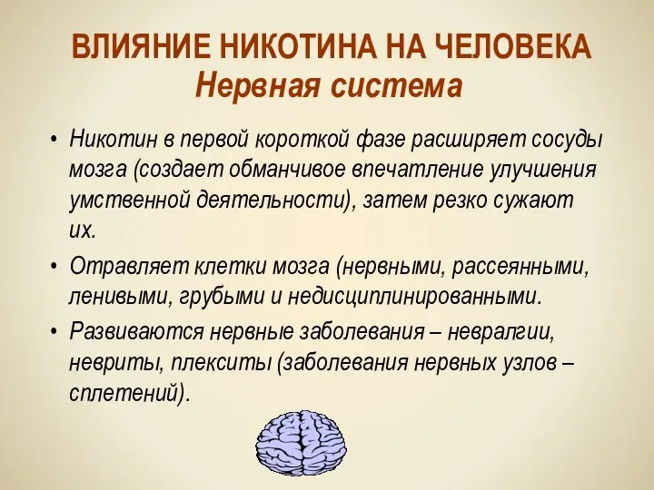 ВЛИЯНИЕ НИКОТИНА НА ЧЕЛОВЕКА