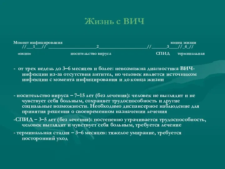 Жизнь с ВИЧ Момент инфицирования конец жизни //___1___// ______________________2______________________//_______3____//_4_// «окно» носительство