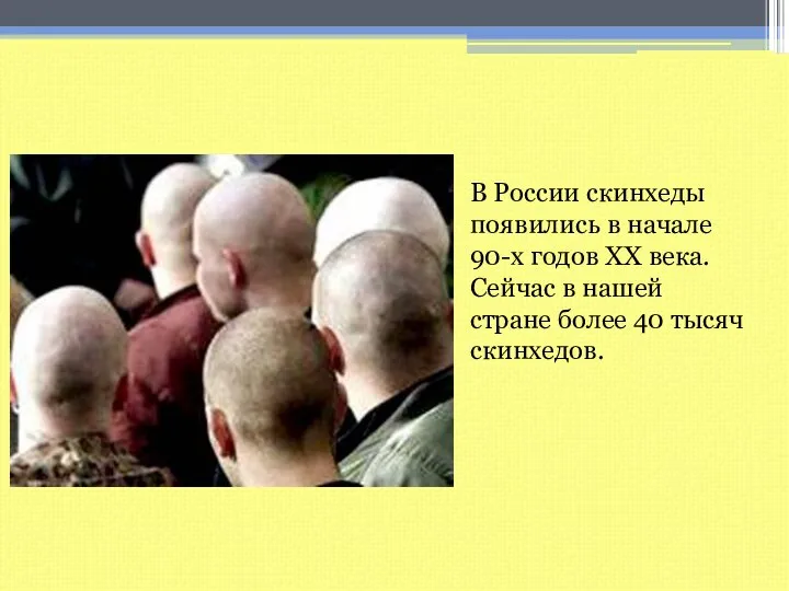 В России скинхеды появились в начале 90-х годов ХХ века. Сейчас