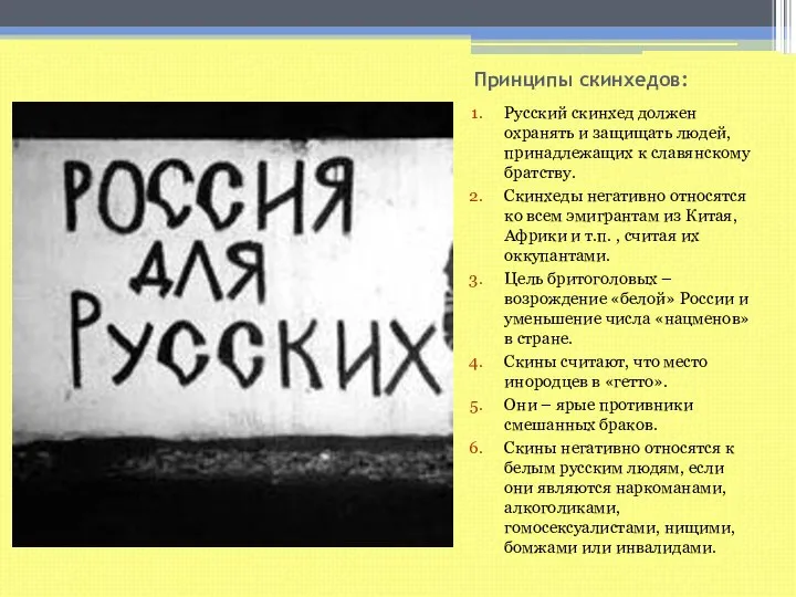 Принципы скинхедов: Русский скинхед должен охранять и защищать людей, принадлежащих к