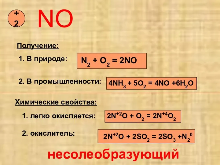 NO +2 Получение: 1. В природе: N2 + O2 = 2NO