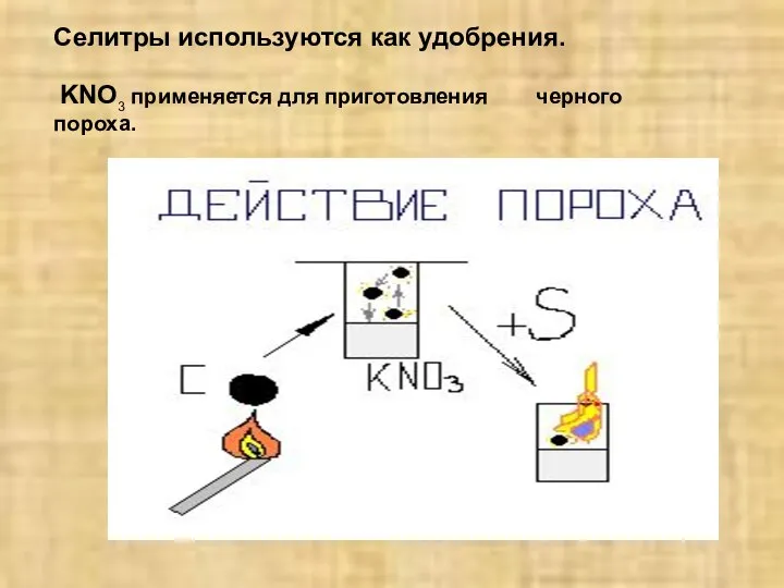 Селитры используются как удобрения. KNO3 применяется для приготовления черного пороха.