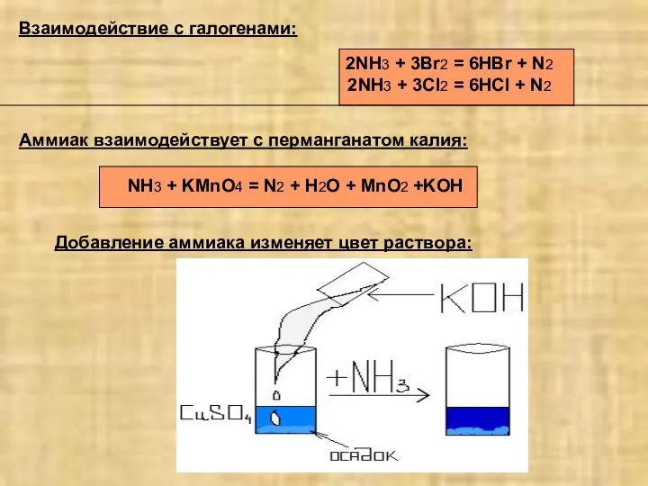 Аммиак взаимодействует с перманганатом калия: NH3 + KMnO4 = N2 +