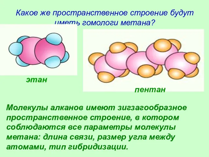 Какое же пространственное строение будут иметь гомологи метана? этан пентан Молекулы