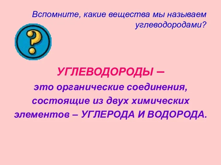 Вспомните, какие вещества мы называем углеводородами? УГЛЕВОДОРОДЫ – это органические соединения,