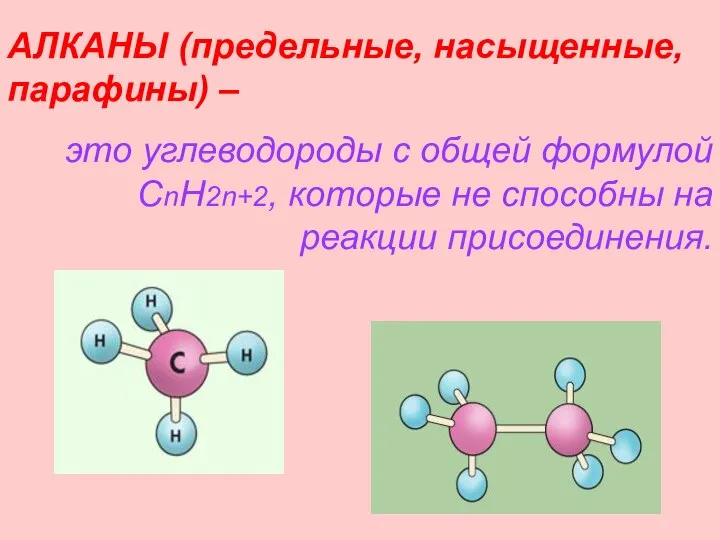 АЛКАНЫ (предельные, насыщенные, парафины) – это углеводороды с общей формулой CnH2n+2,