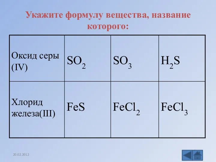 Укажите формулу вещества, название которого: FeCl3 FeCl2 FeS Хлорид железа(III) H2S SO3 SO2 Оксид серы(IV)