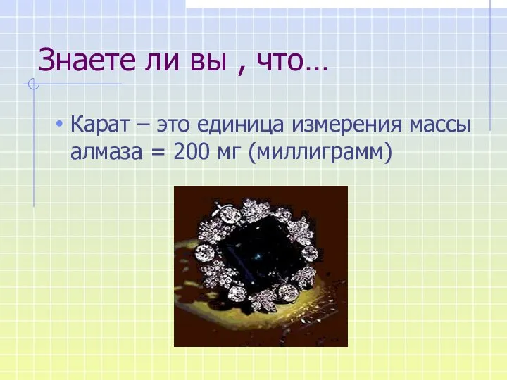 Знаете ли вы , что… Карат – это единица измерения массы алмаза = 200 мг (миллиграмм)