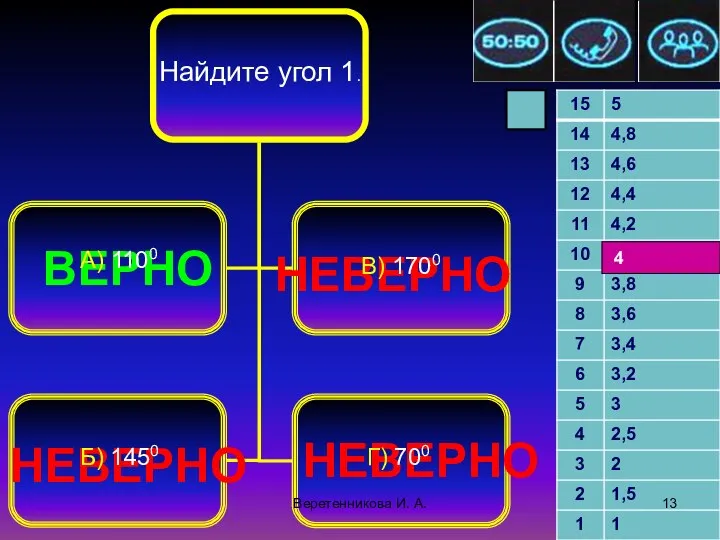 .2010 4 НЕВЕРНО НЕВЕРНО НЕВЕРНО ВЕРНО Найдите угол 1. А) 1100