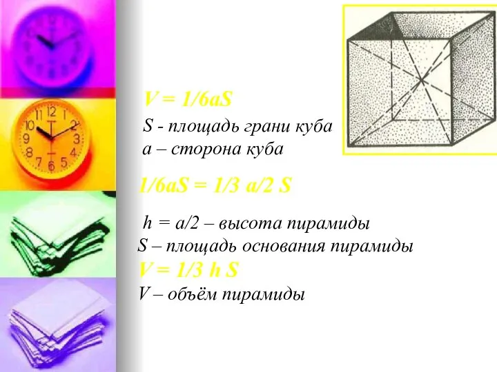 V = 1/6aS S - площадь грани куба а – сторона