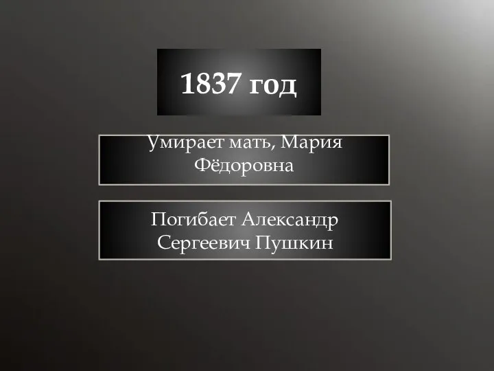 1837 год Умирает мать, Мария Фёдоровна Погибает Александр Сергеевич Пушкин