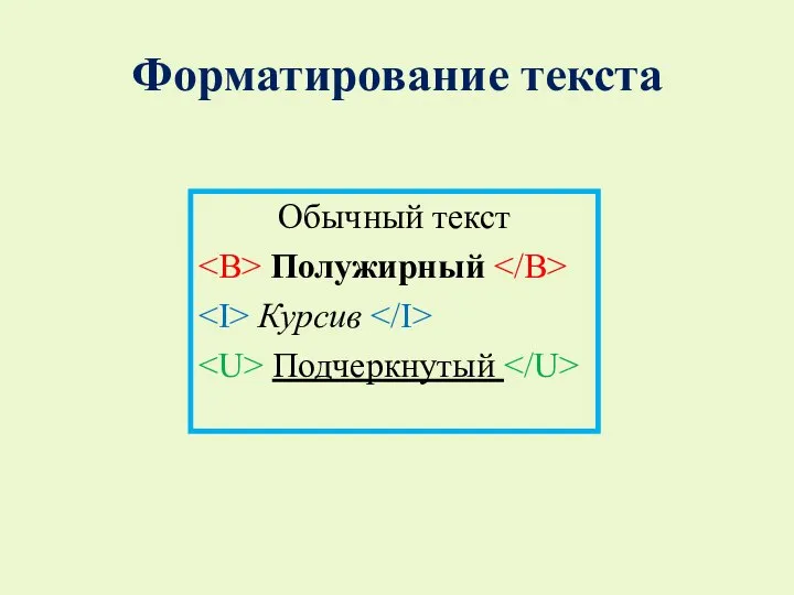 Форматирование текста Обычный текст Полужирный Курсив Подчеркнутый