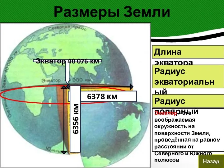 Размеры Земли Назад Длина экватора Радиус экваториальный Радиус полярный Экватор 40