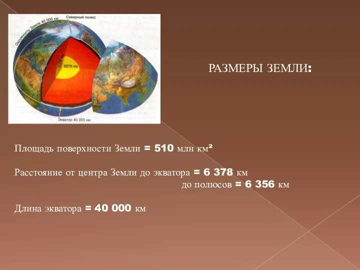 РАЗМЕРЫ ЗЕМЛИ: Площадь поверхности Земли = 510 млн км² Расстояние от