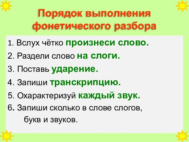 Порядок выполнения фонетического разбора 1. Вслух чётко произнеси слово. 2. Раздели