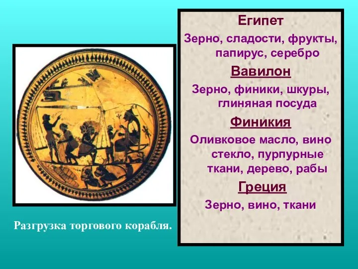 Разгрузка торгового корабля. Египет Зерно, сладости, фрукты, папирус, серебро Вавилон Зерно,