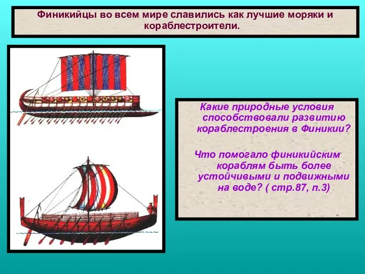 Какие природные условия способствовали развитию кораблестроения в Финикии? Что помогало финикийским