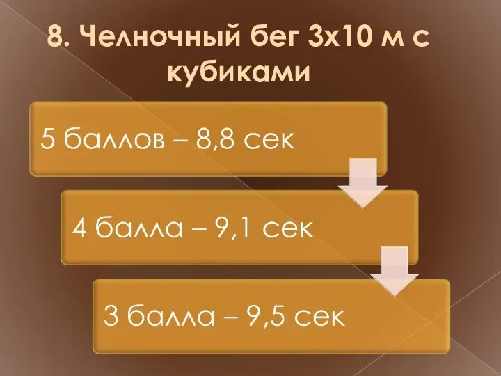 8. Челночный бег 3х10 м с кубиками