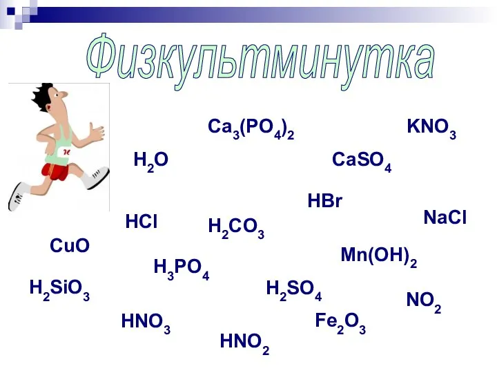 Физкультминутка H2O NO2 CuO CaSO4 H2CO3 H3PO4 H2SO4 Mn(OH)2 HNO3 HNO2