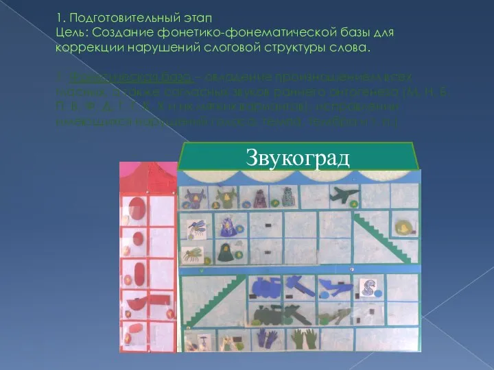 1. Подготовительный этап Цель: Создание фонетико-фонематической базы для коррекции нарушений слоговой