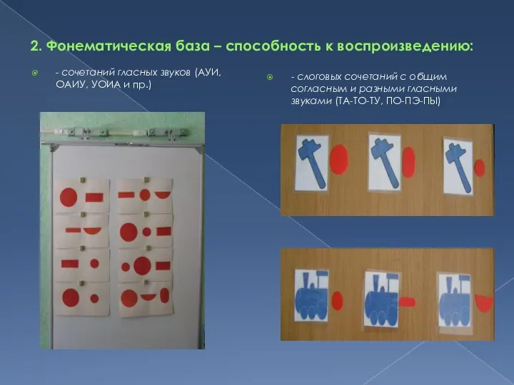 2. Фонематическая база – способность к воспроизведению: - сочетаний гласных звуков