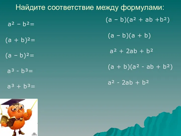 Найдите соответствие между формулами: a² – b²= (a + b)²= (a