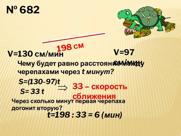 № 682 198 см V=130 cм/мин V=97 см/мин Чему будет равно