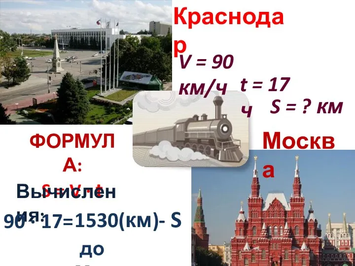 Москва Краснодар V = 90 км/ч t = 17 ч ФОРМУЛА: