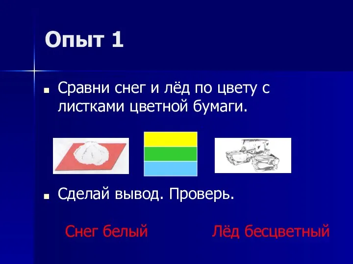 Опыт 1 Сравни снег и лёд по цвету с листками цветной