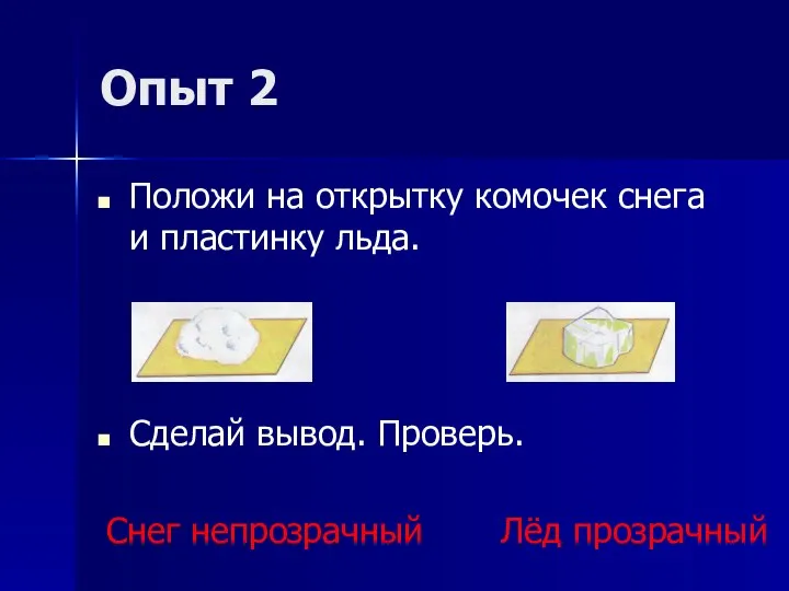 Опыт 2 Положи на открытку комочек снега и пластинку льда. Сделай