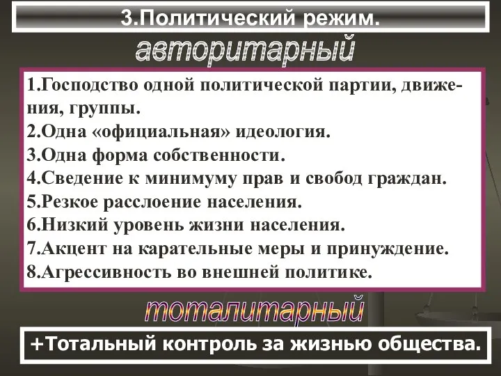 3.Политический режим. авторитарный 1.Господство одной политической партии, движе-ния, группы. 2.Одна «официальная»