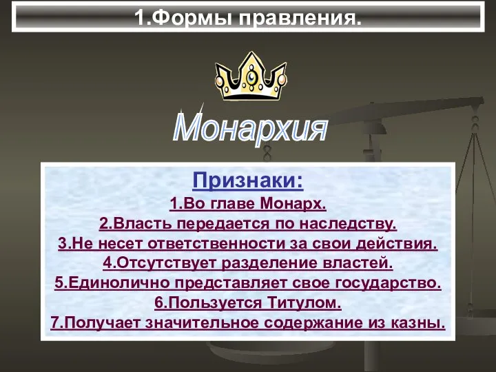 1.Формы правления. Признаки: 1.Во главе Монарх. 2.Власть передается по наследству. 3.Не