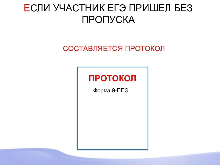 ЕСЛИ УЧАСТНИК ЕГЭ ПРИШЕЛ БЕЗ ПРОПУСКА СОСТАВЛЯЕТСЯ ПРОТОКОЛ ПРОТОКОЛ Форма 9-ППЭ