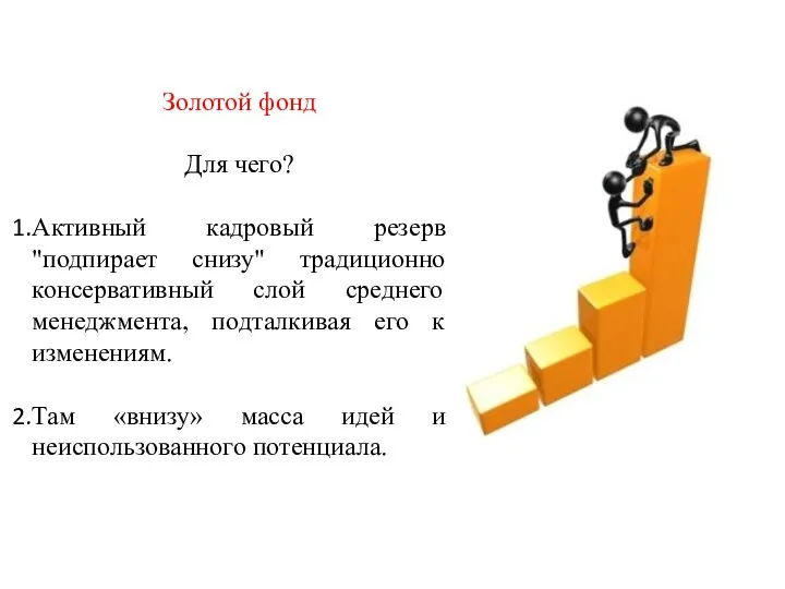 Золотой фонд Для чего? Активный кадровый резерв "подпирает снизу" традиционно консервативный