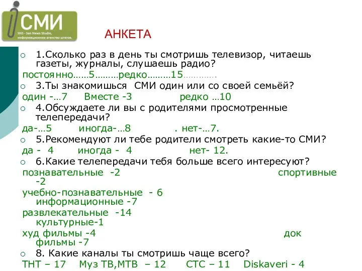 АНКЕТА 1.Сколько раз в день ты смотришь телевизор, читаешь газеты, журналы,