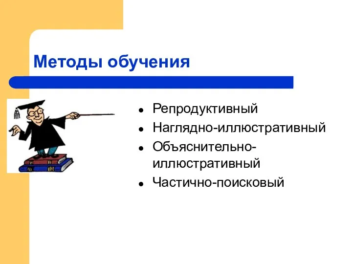 Методы обучения Репродуктивный Наглядно-иллюстративный Объяснительно-иллюстративный Частично-поисковый