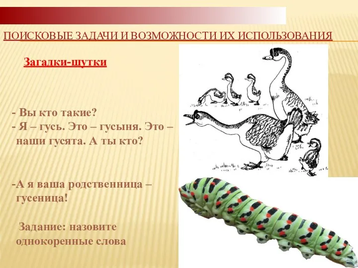 Загадки-шутки ПОИСКОВЫЕ ЗАДАЧИ И ВОЗМОЖНОСТИ ИХ ИСПОЛЬЗОВАНИЯ Вы кто такие? Я