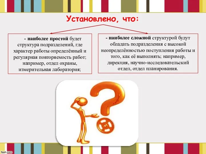 - наиболее простой будет структура подразделений, где характер работы определённый и