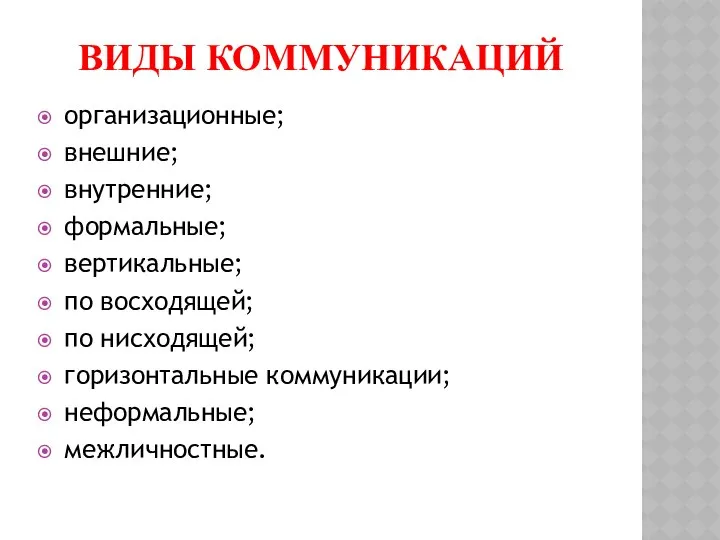 Виды коммуникаций организационные; внешние; внутренние; формальные; вертикальные; по восходящей; по нисходящей; горизонтальные коммуникации; неформальные; межличностные.