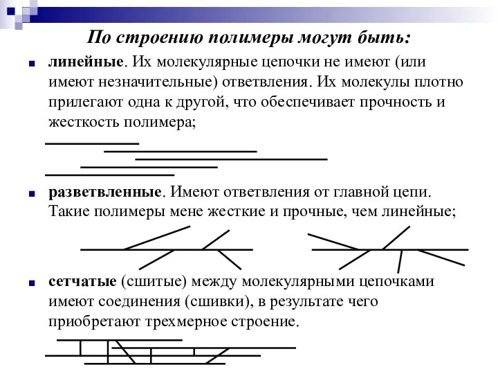 По строению полимеры могут быть: линейные. Их молекулярные цепочки не имеют