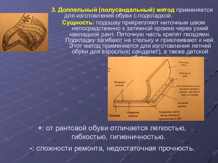 3. Доппельный (полусандальный) метод применяется для изготовления обуви с подкладкой. Сущность: