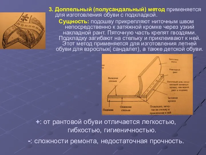 3. Доппельный (полусандальный) метод применяется для изготовления обуви с подкладкой. Сущность: