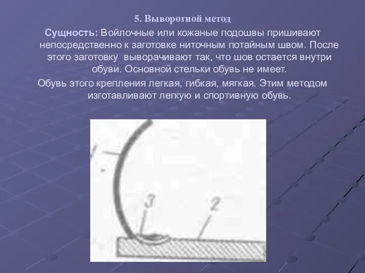 5. Выворотной метод Сущность: Войлочные или кожаные подошвы пришивают непосредственно к